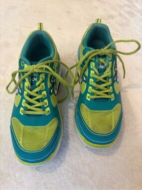 Gravity Defyer G-Defy Ion Women Walking Shoes Blue Lime Green Orthopedic Sz  8.5